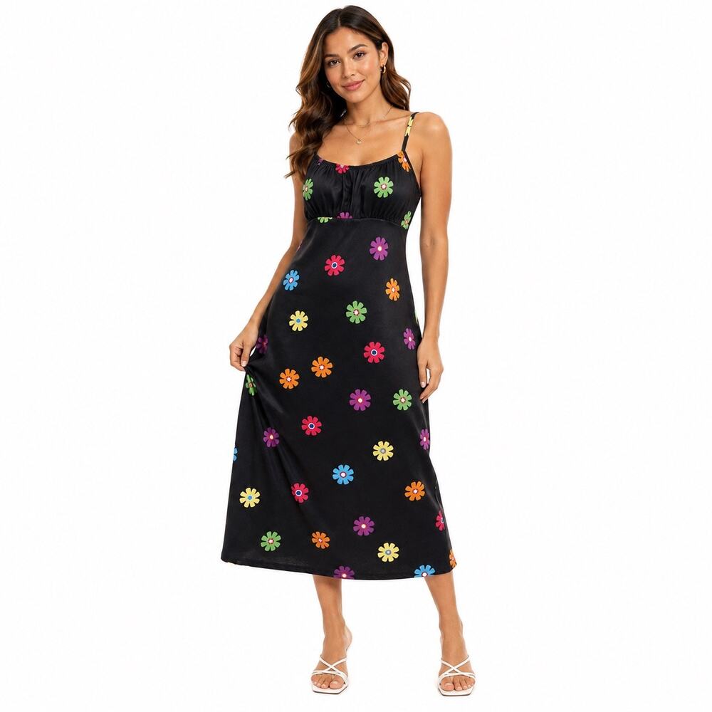 SHEIN XL Black Floral Spaghetti Strap Midi Dress Colorful Flower Print